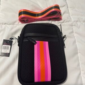 Black Crossbody Bag with Pink and Orange Stripes
